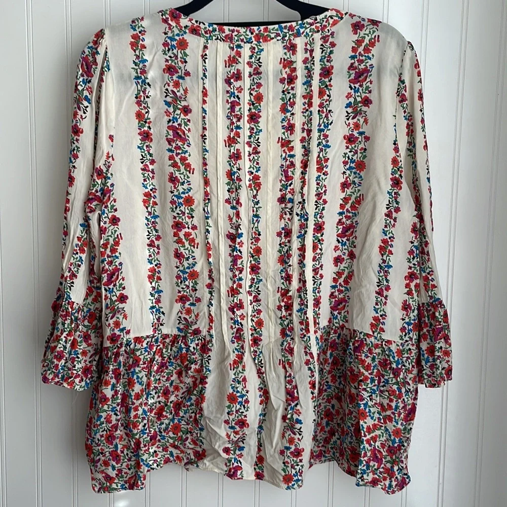 Maeve Anthropologie Hiver Floral Peasant Blouse Crochet Pleated Buttons Size 10 - Picture 6 of 16